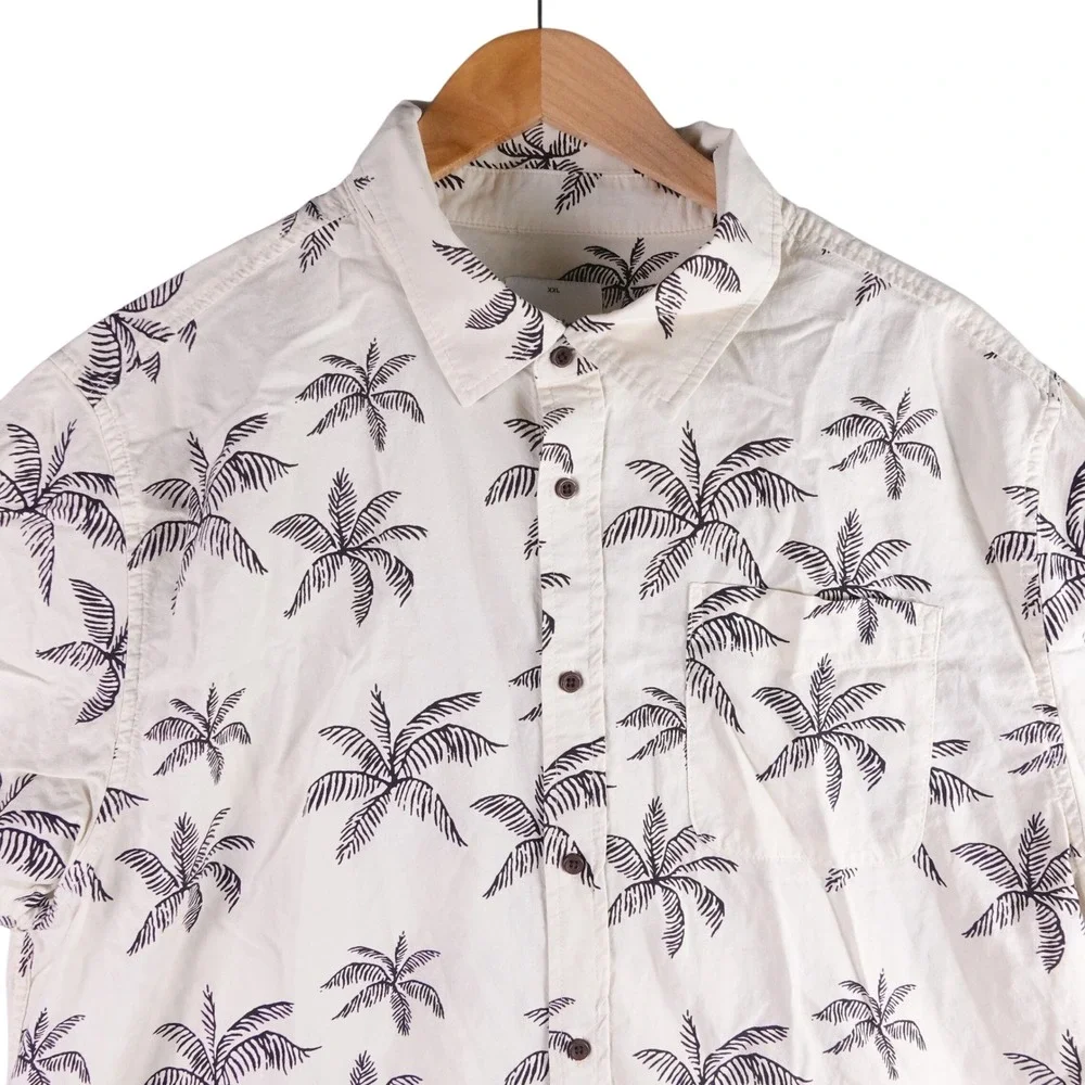 Katin Mens XXL Palm Tree Print Short Sleeve Button Down Shirt Cream Cotton Blend